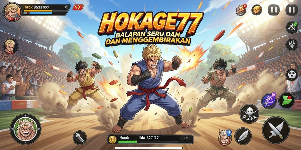 Tampilan gameplay seru HOKAGE77 dengan balapan mendebarkan.