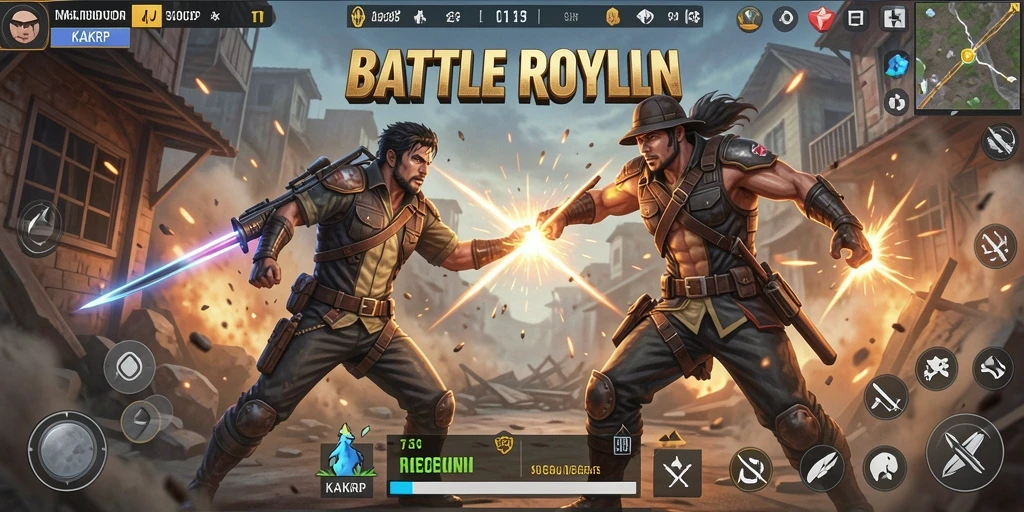 Screenshot KAKRP menampilkan aksi pertarungan seru di medan perang Battle Royale.