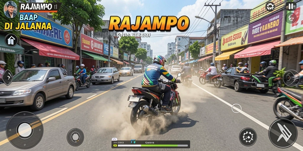 Screenshot gameplay RAJAMPO yang menunjukkan aksi balapan yang intens.